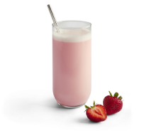 A glass of prepared Optavia Ascend Strawberries and Cream Shake Mix.